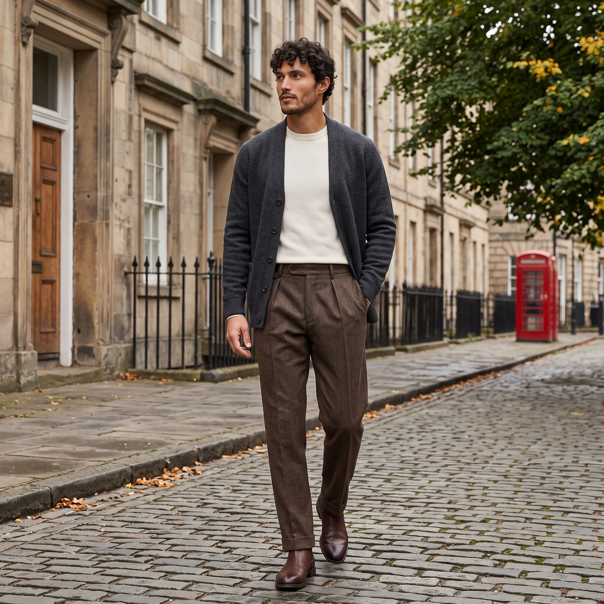 Men's Herringbone Pleated Trousers - Straight Leg Smart