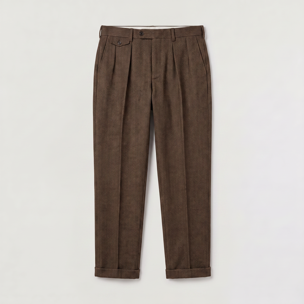 Men's Herringbone Pleated Trousers - Straight Leg Smart