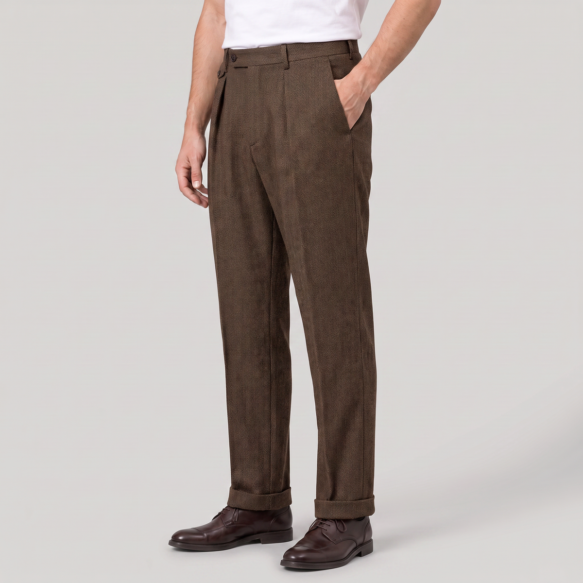 Men's Herringbone Pleated Trousers - Straight Leg Smart