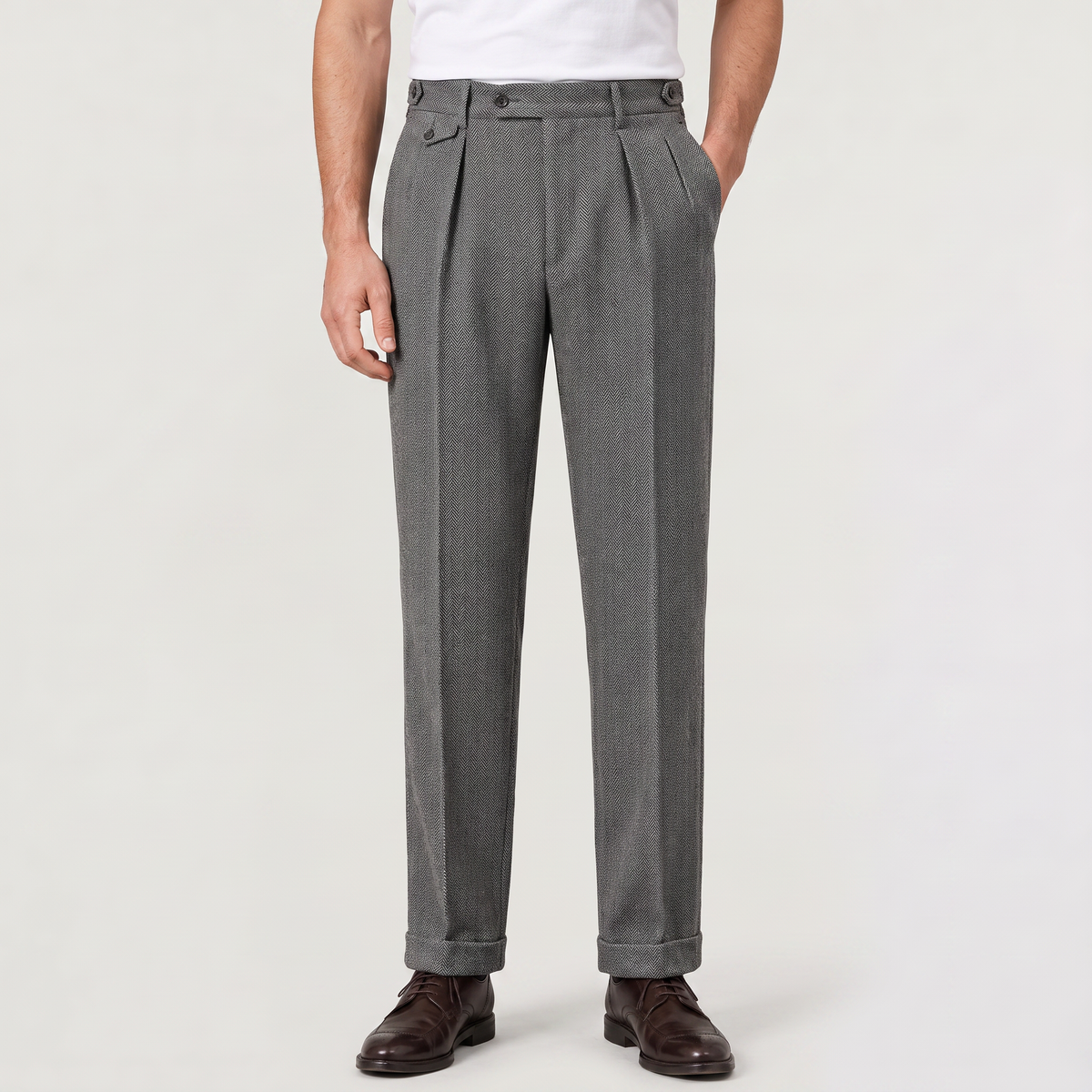 Men's Herringbone Pleated Trousers - Straight Leg Smart