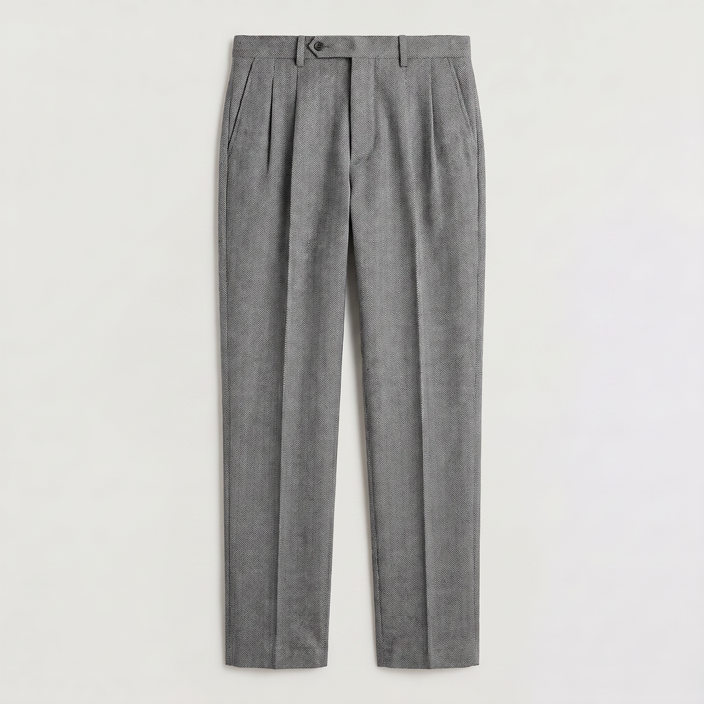 Men's High-Waisted Herringbone Pleated Trousers