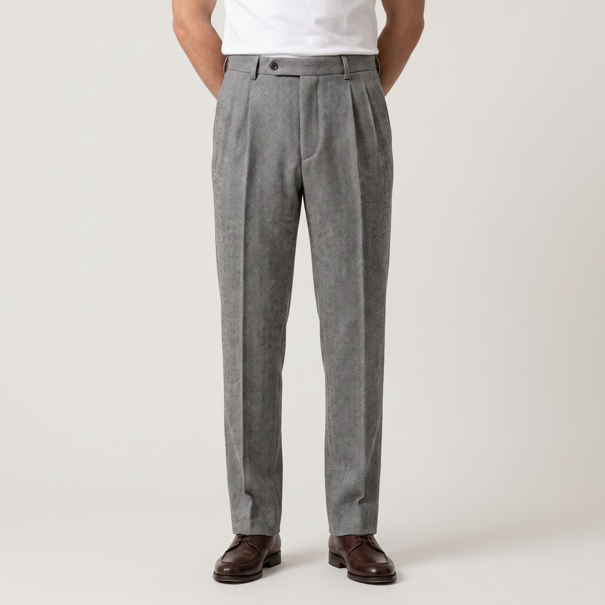 Men's High-Waisted Herringbone Pleated Trousers