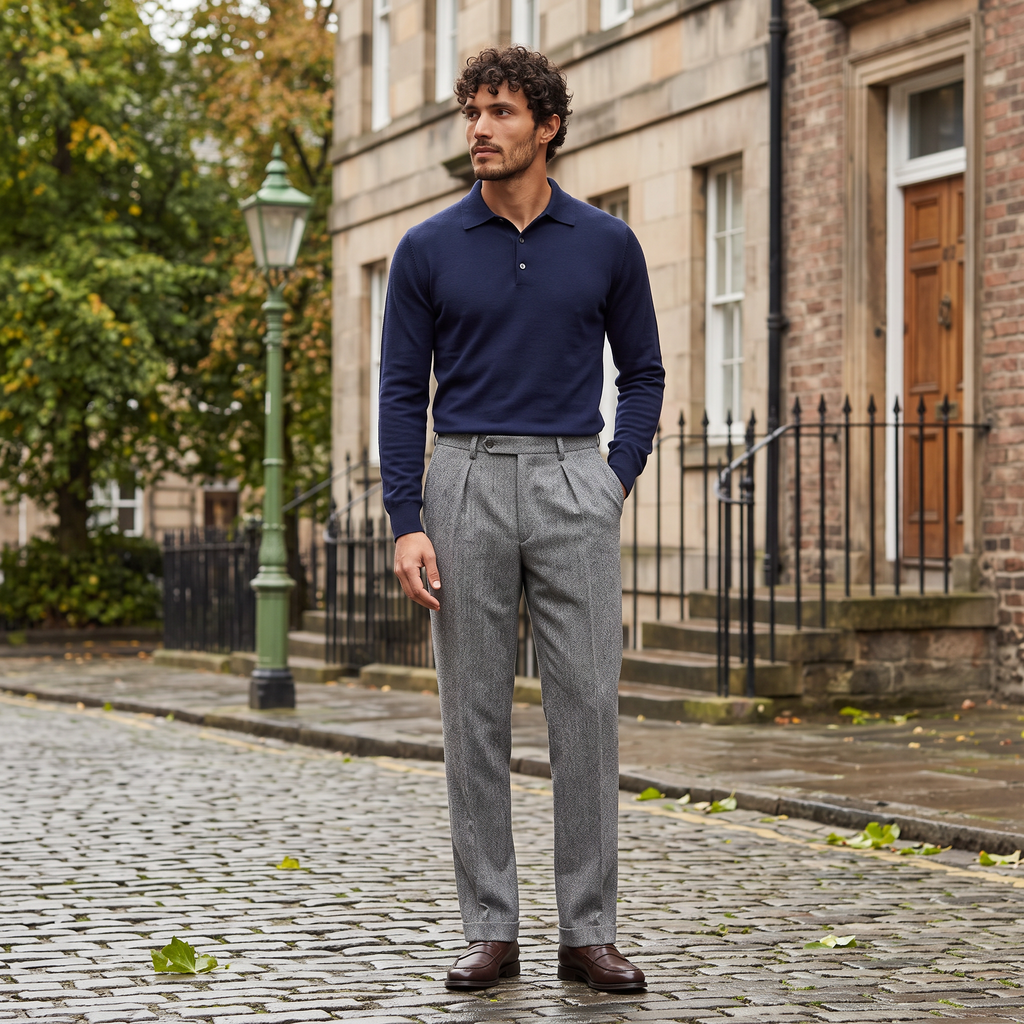 Men's High-Waisted Herringbone Pleated Trousers