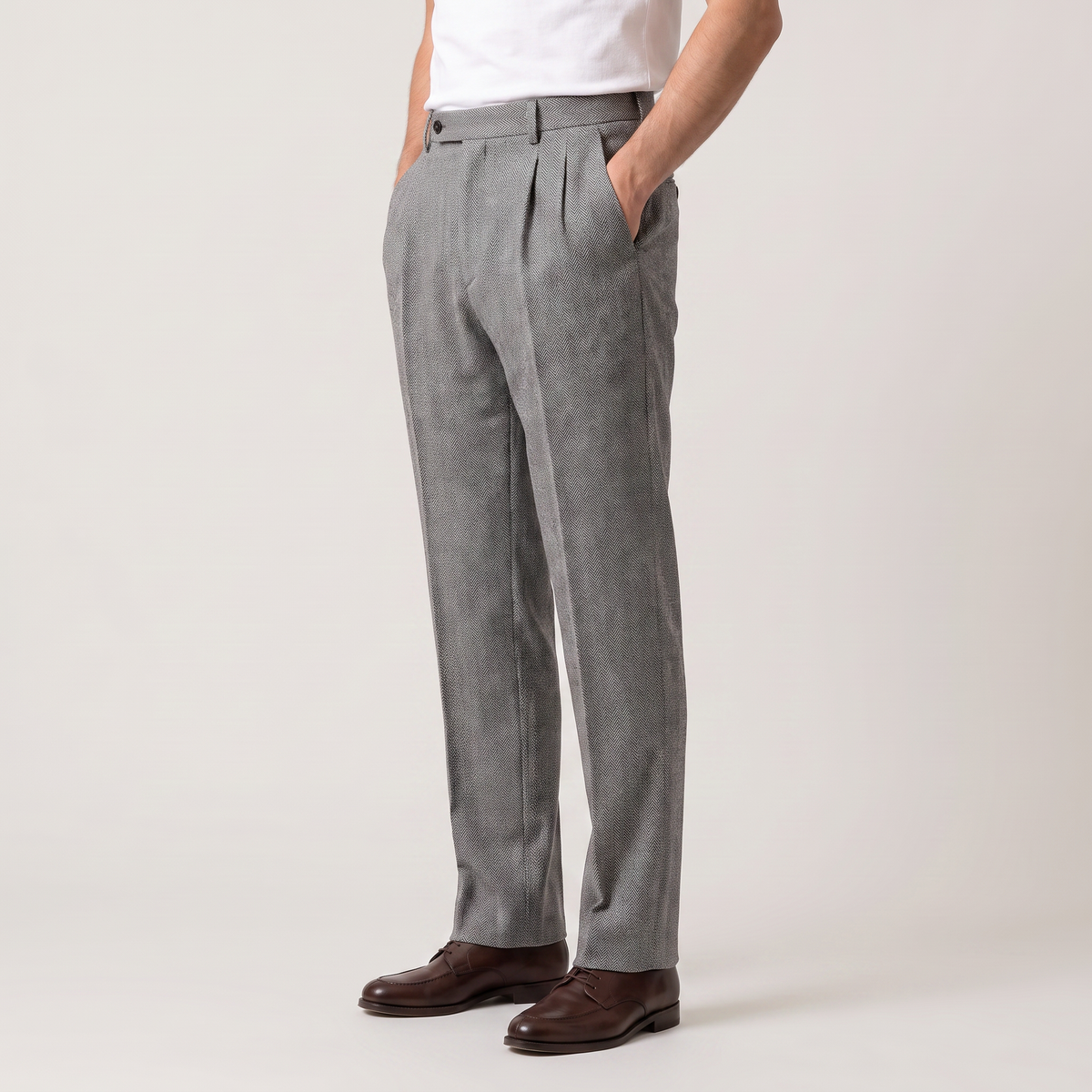 Men's High-Waisted Herringbone Pleated Trousers