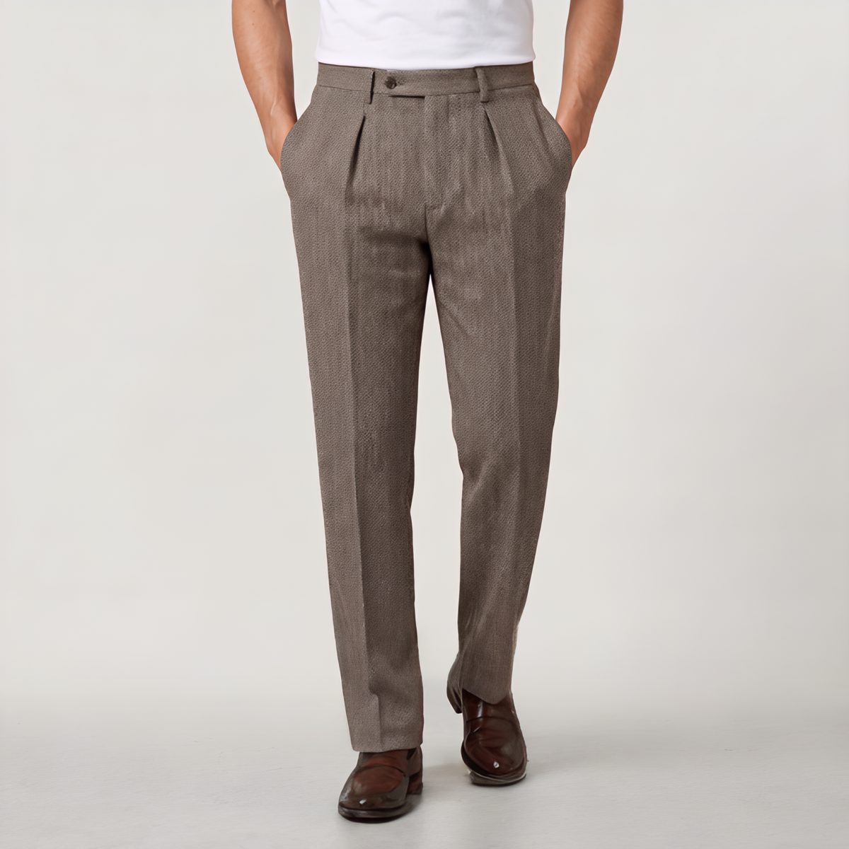 Men's High-Waisted Herringbone Pleated Trousers
