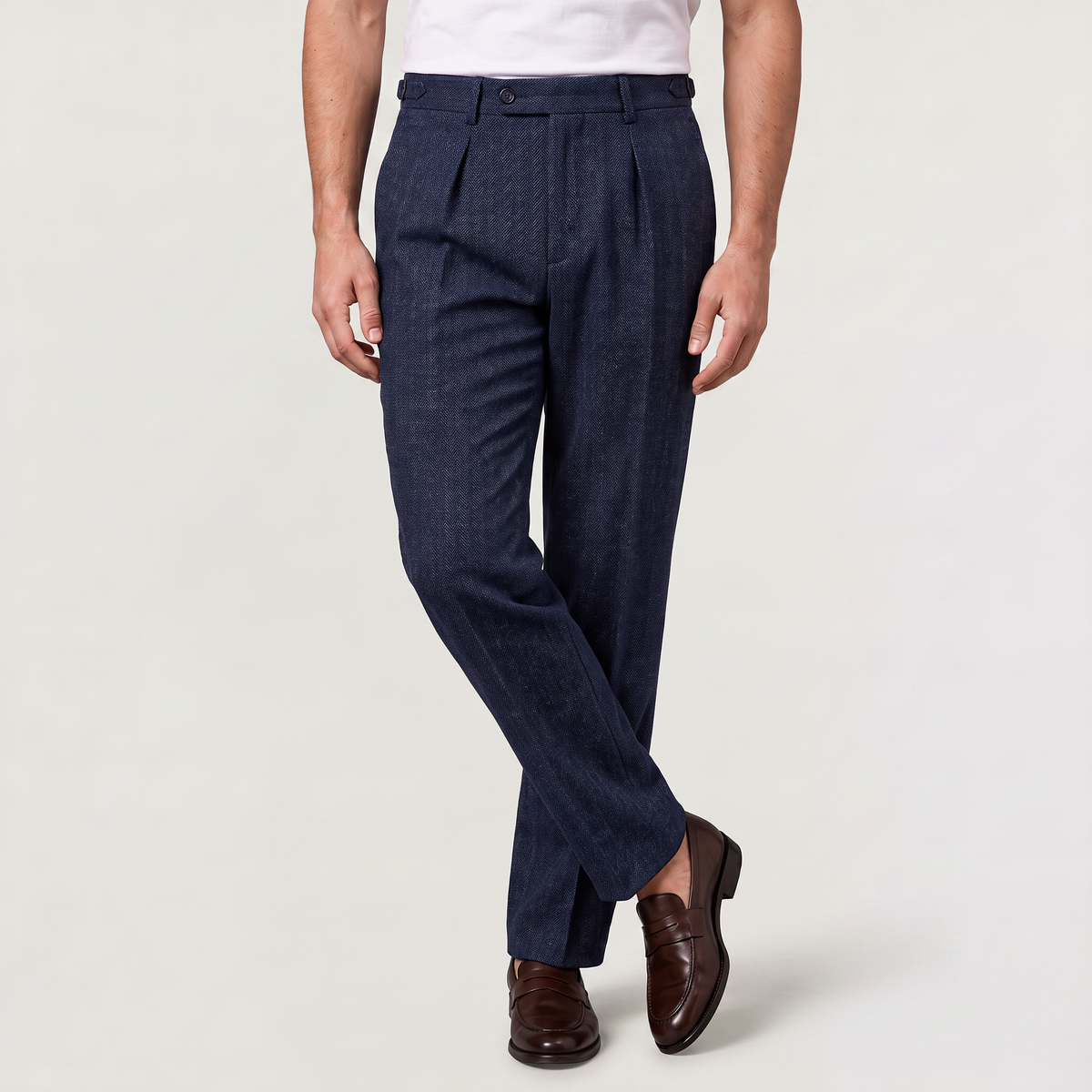 Men's High-Waisted Herringbone Pleated Trousers