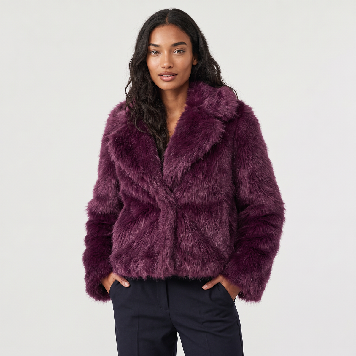 Women’s Cropped Shaggy Faux-Fur Long Sleeves Jacket