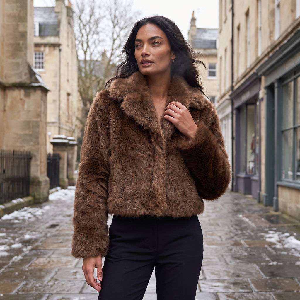 Women’s Cropped Shaggy Faux-Fur Long Sleeves Jacket