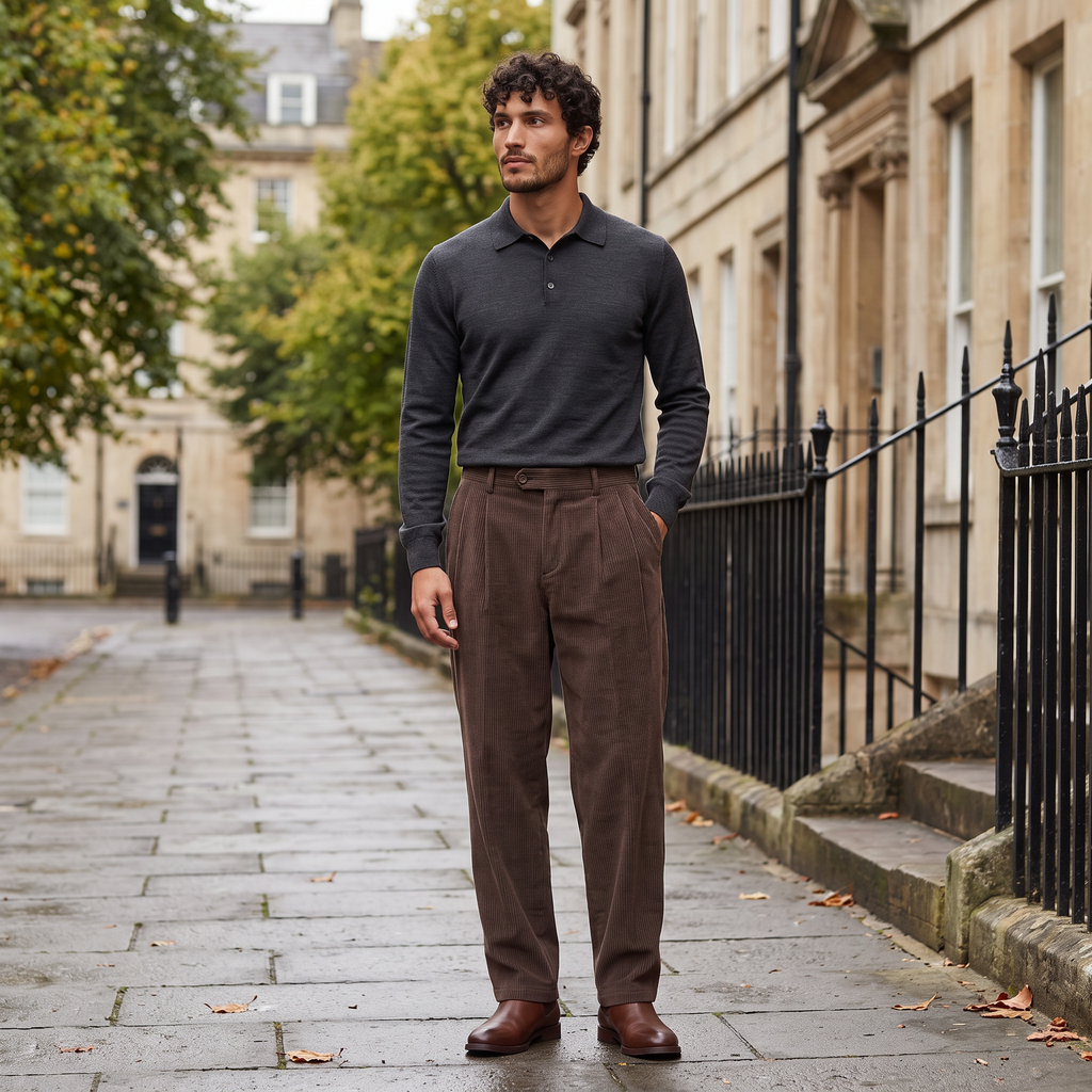 Men's Wide-Leg Pleated Corduroy Trousers