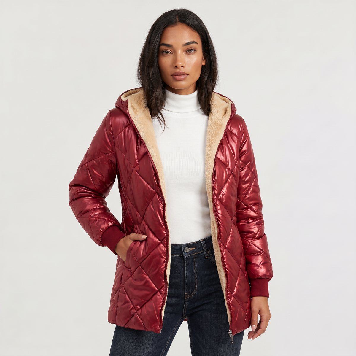 Women's Quilted Hooded Mid-Length Jacket
