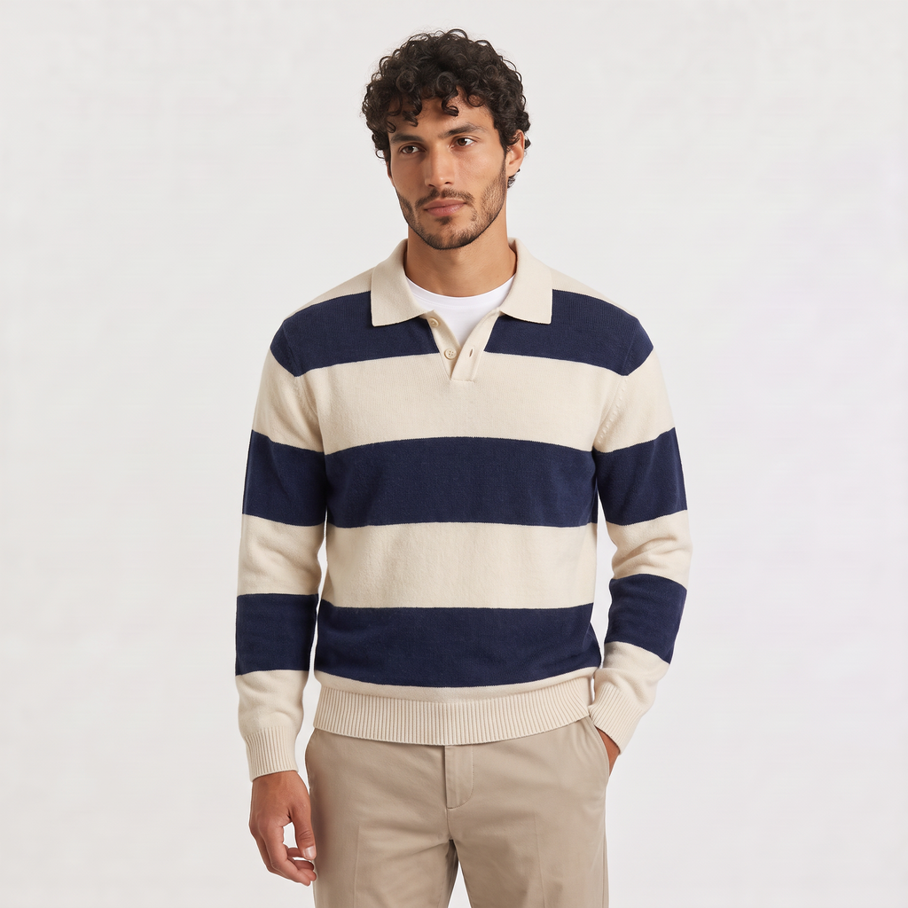 Men's Classic Striped Knit Polo Jumper