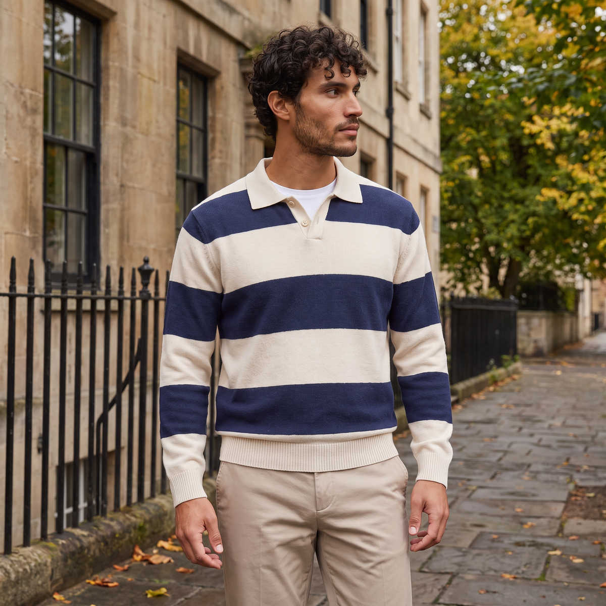 Men's Classic Striped Knit Polo Jumper