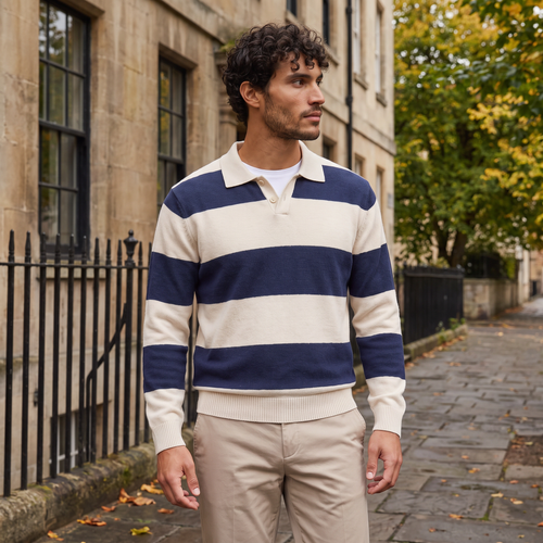 Men's Classic Striped Knit Polo Jumper