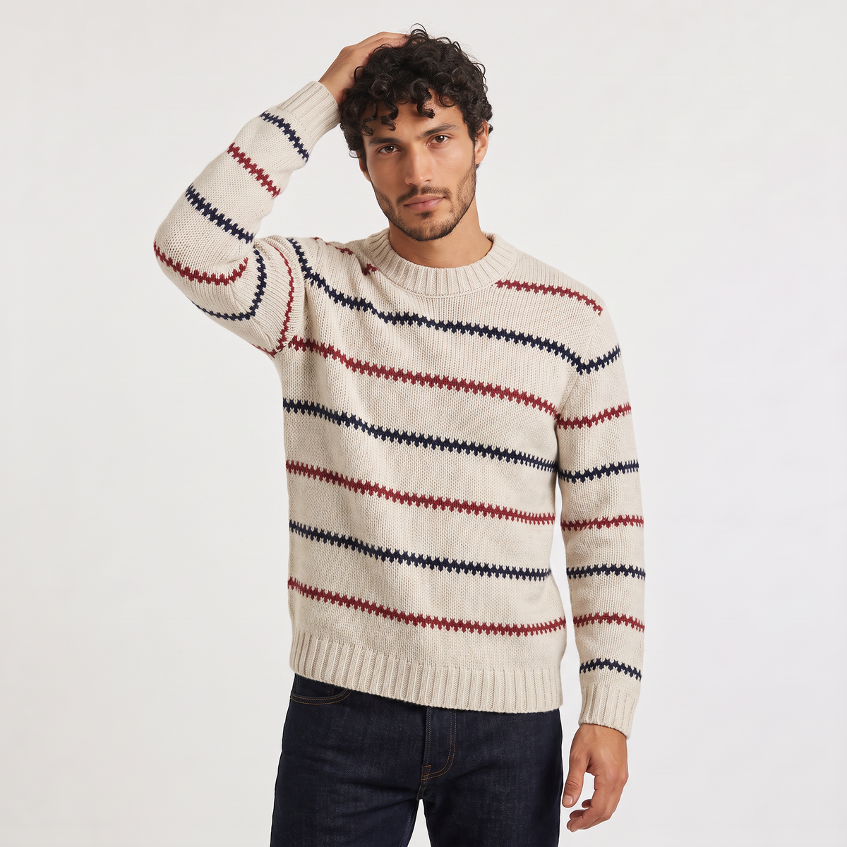 Men's Textured Striped Crew Neck Jumper