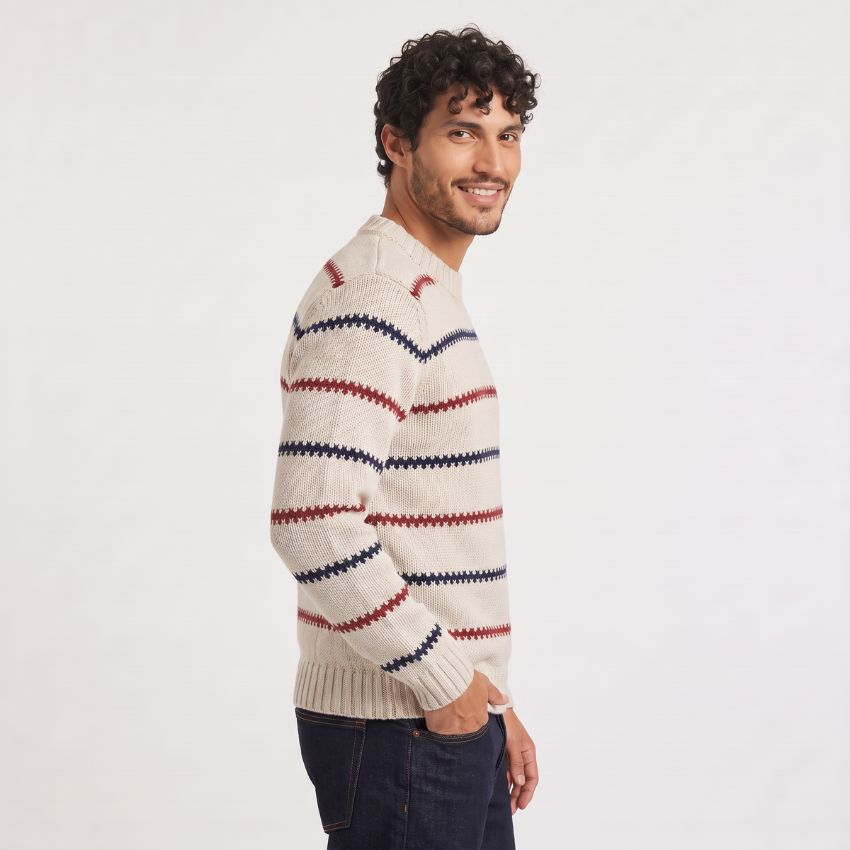 Men's Textured Striped Crew Neck Jumper