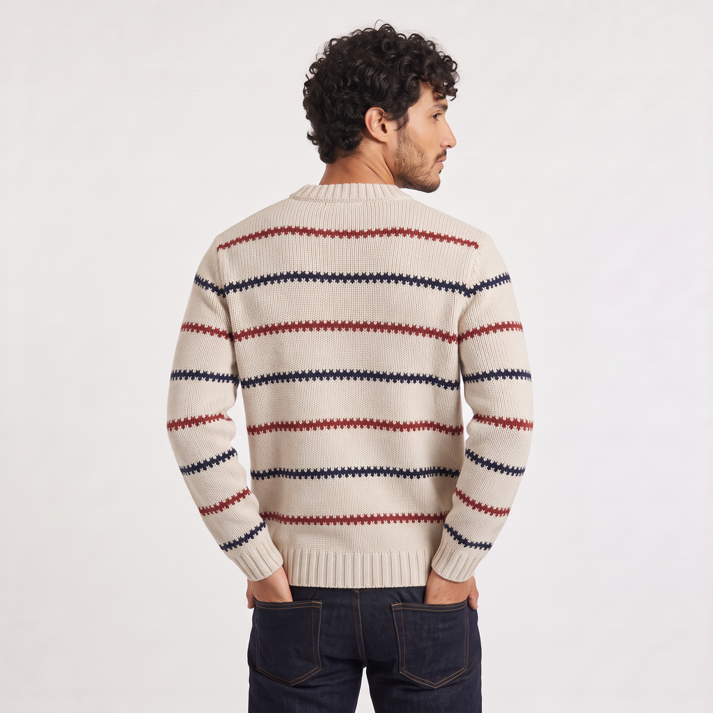 Men's Textured Striped Crew Neck Jumper