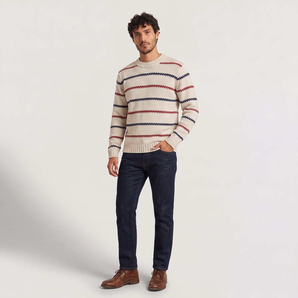 Men's Textured Striped Crew Neck Jumper