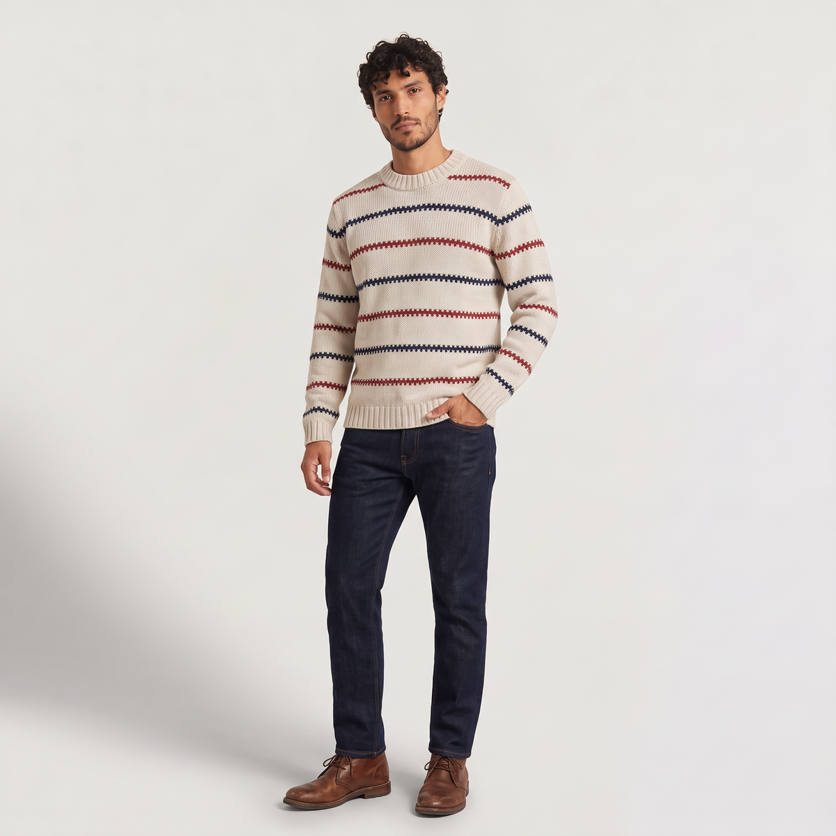 Men's Textured Striped Crew Neck Jumper