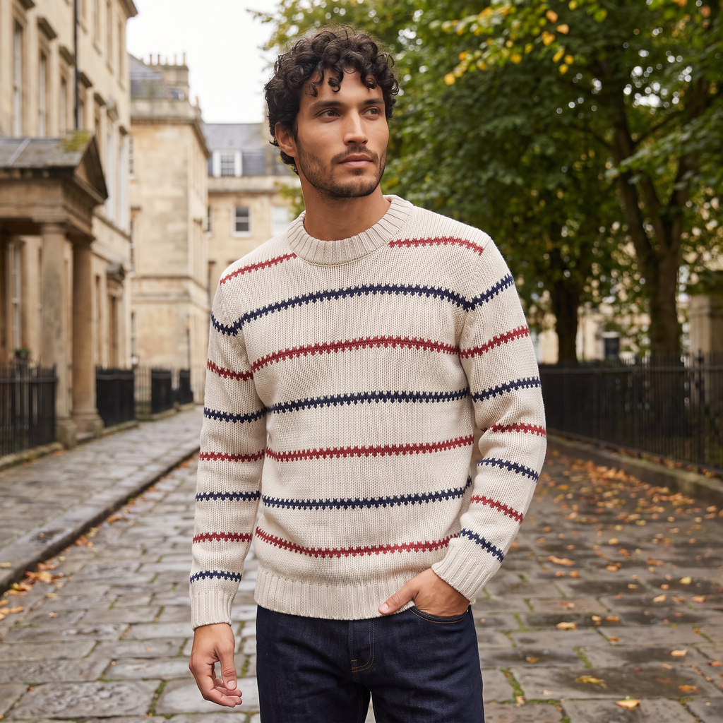 Men's Textured Striped Crew Neck Jumper
