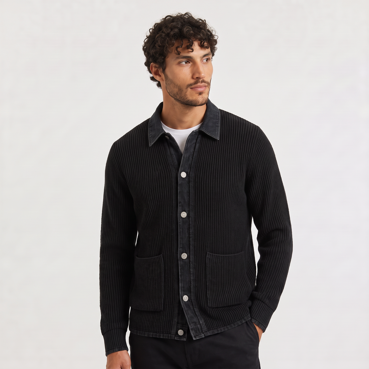 Men's Contrast-Trim Denim Knit Cardigan