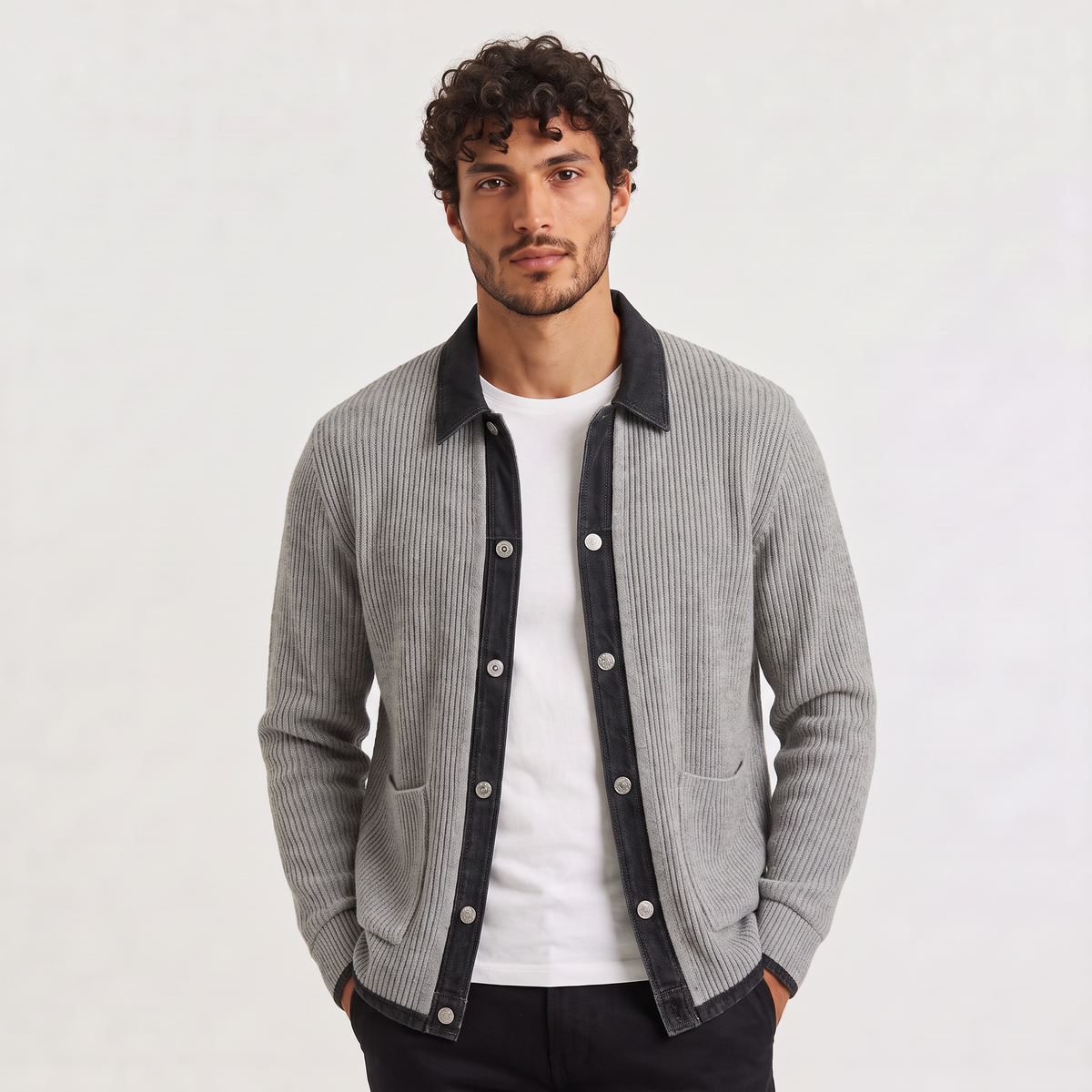 Men's Contrast-Trim Denim Knit Cardigan