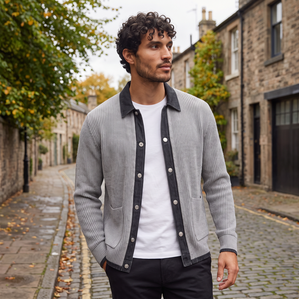 Men's Contrast-Trim Denim Knit Cardigan