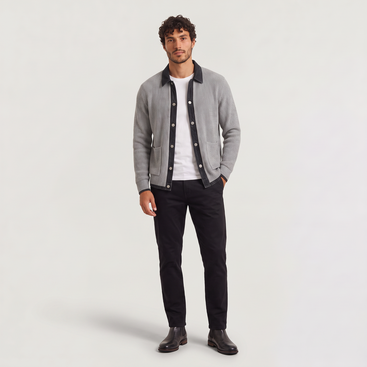 Men's Contrast-Trim Denim Knit Cardigan