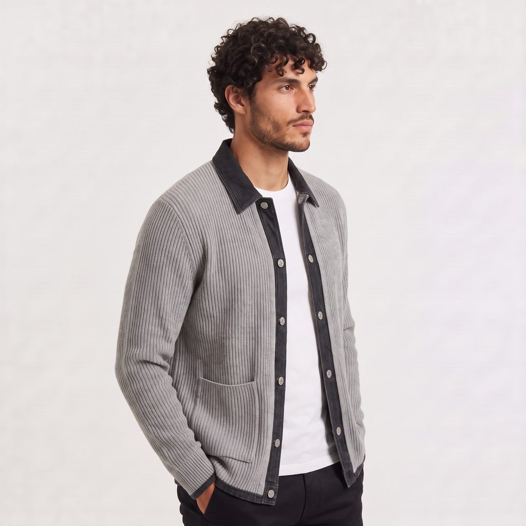 Men's Contrast-Trim Denim Knit Cardigan