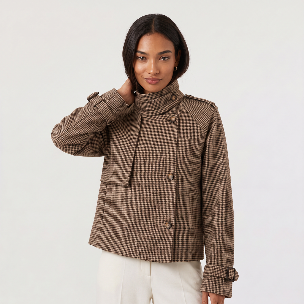 Women's Check Funnel Neck Cropped Jacket