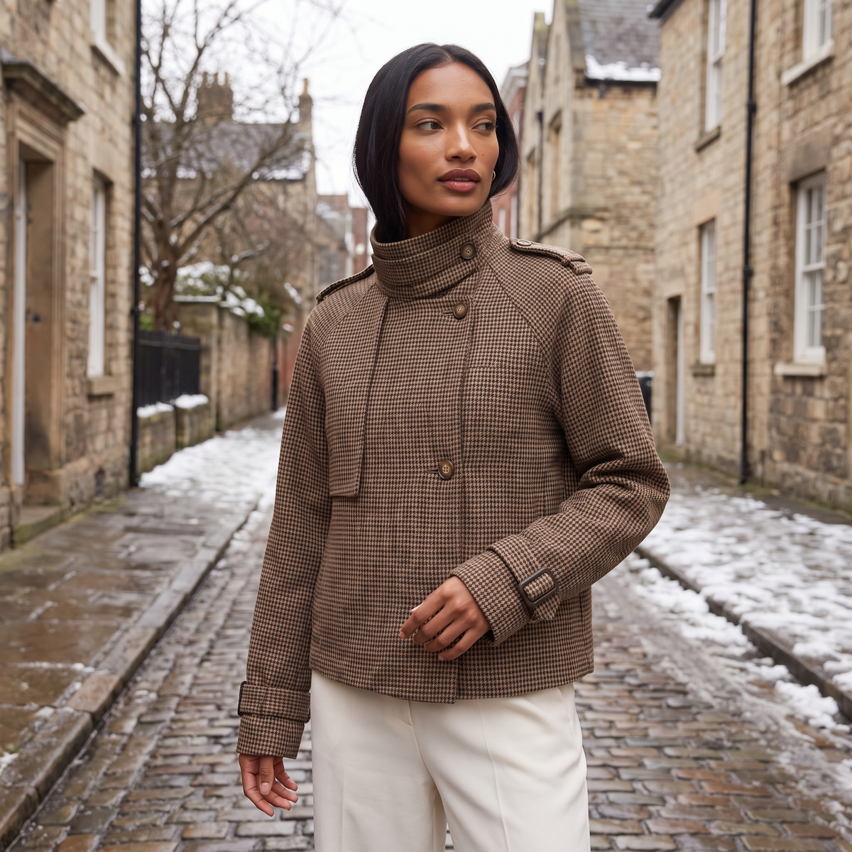 Women's Check Funnel Neck Cropped Jacket