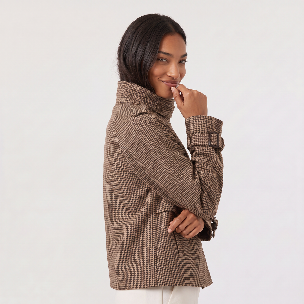 Women's Check Funnel Neck Cropped Jacket