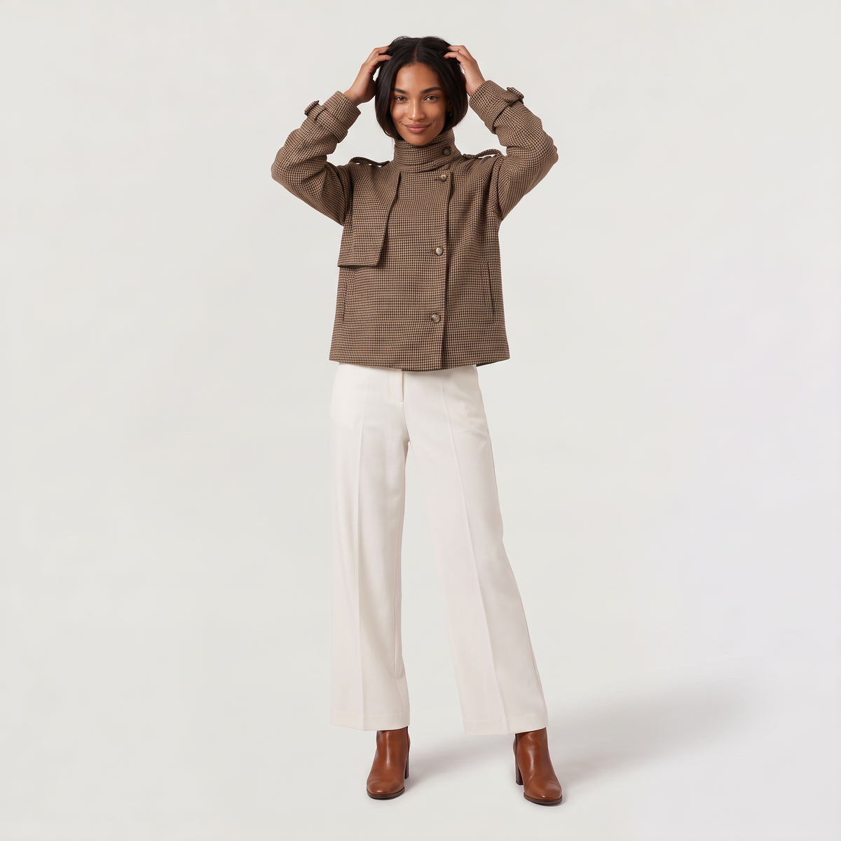 Women's Check Funnel Neck Cropped Jacket