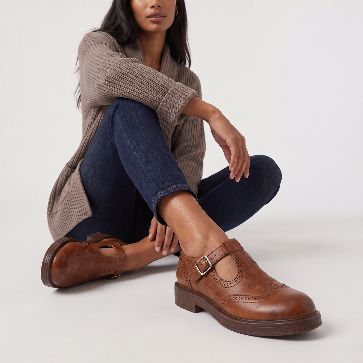 Women's T-Bar Brogue Mary Jane Shoes