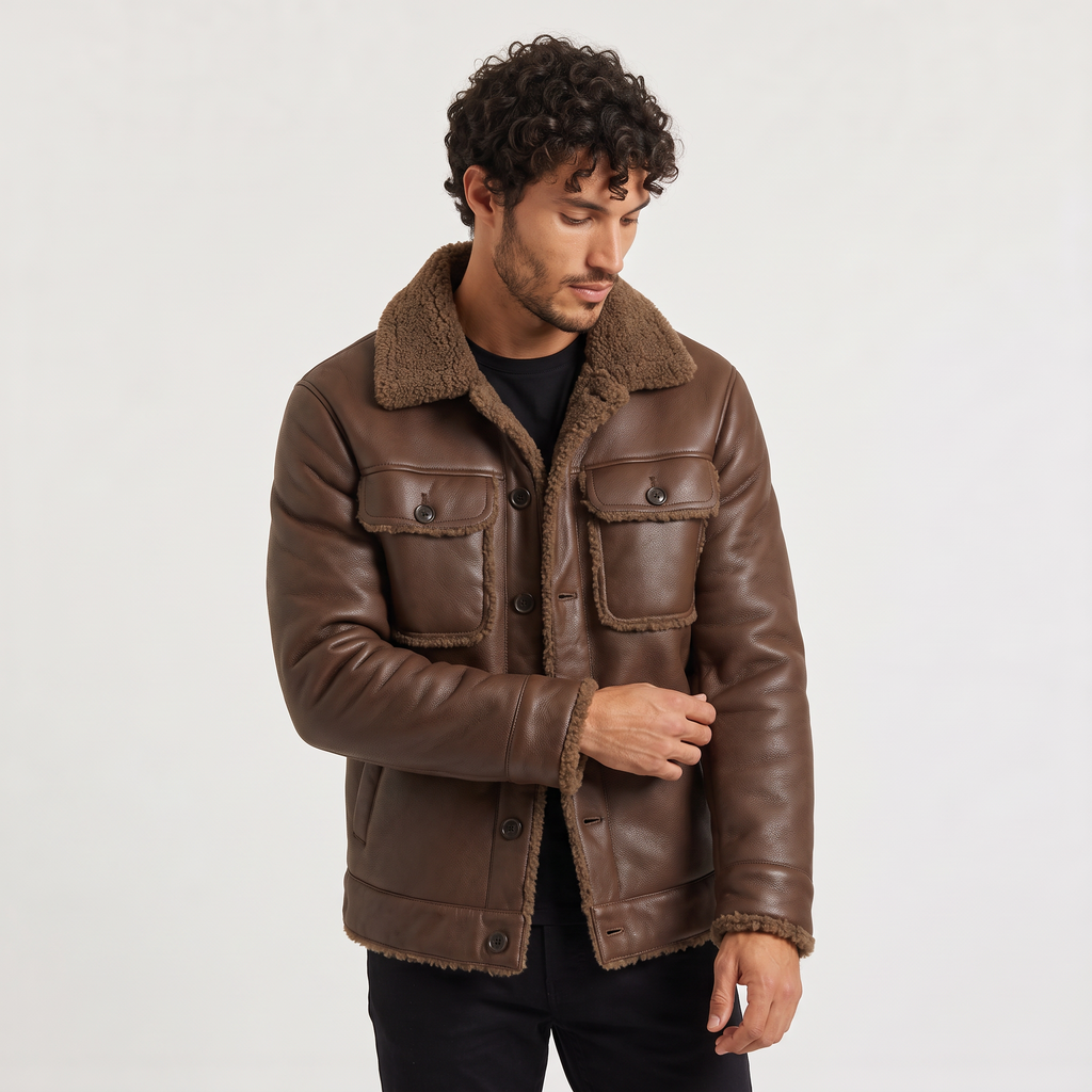 Men's Shearling-Lined Leather-Look Jacket