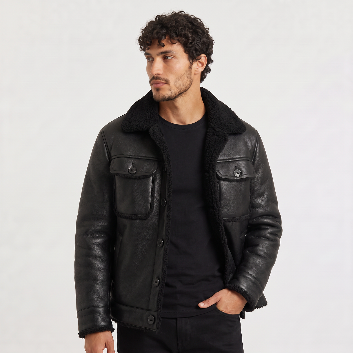 Men's Shearling-Lined Leather-Look Jacket
