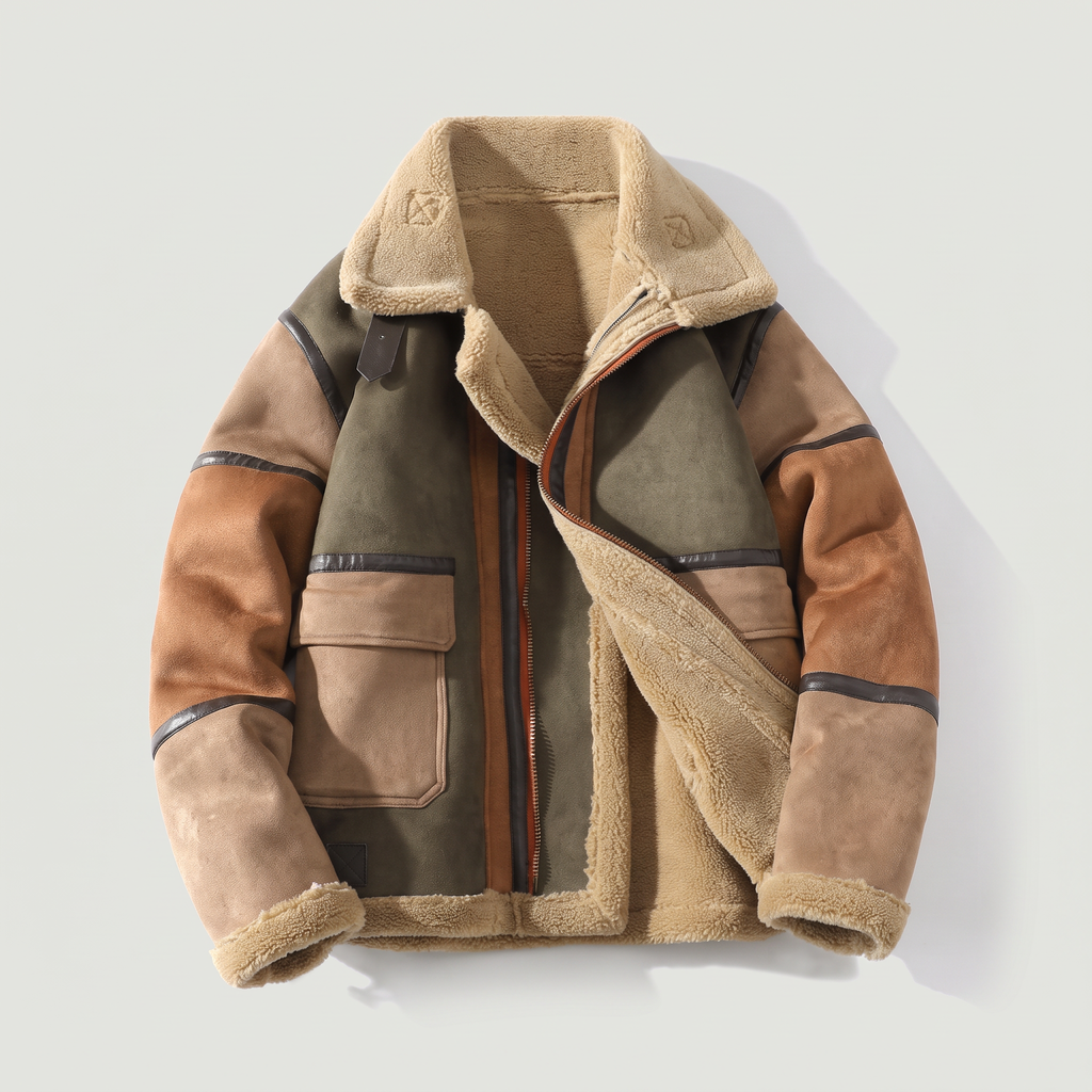 Men’s Shearling-Lined Patchwork Aviator Jacket