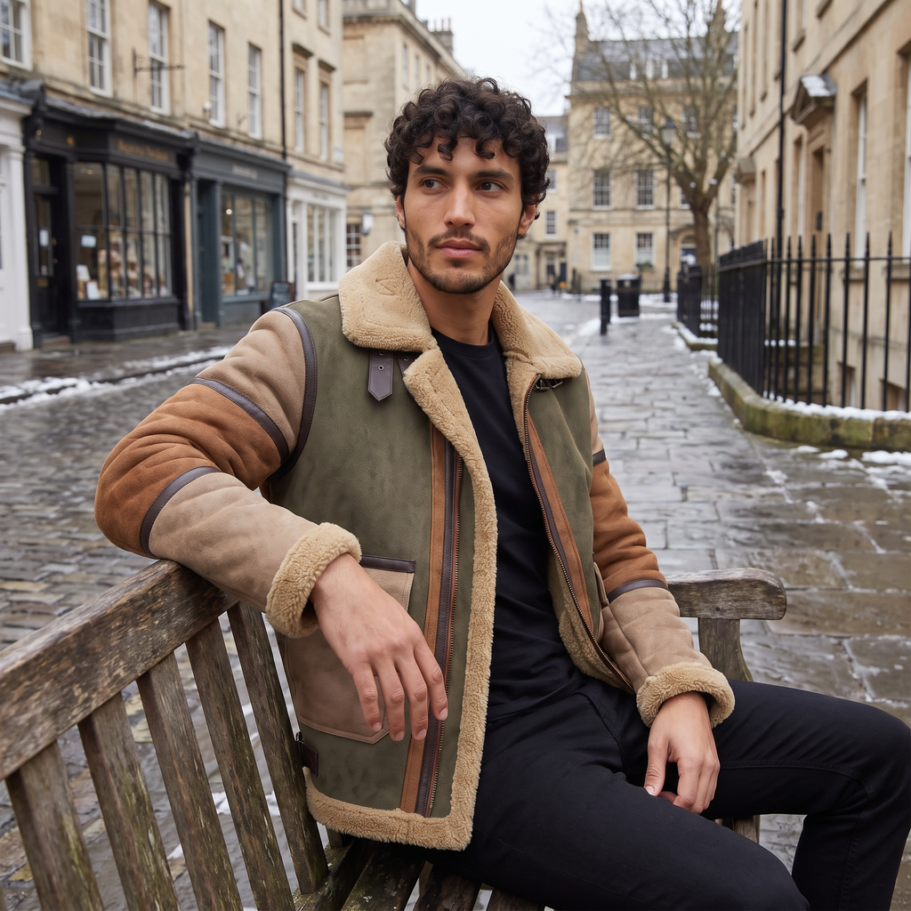 Men’s Shearling-Lined Patchwork Aviator Jacket