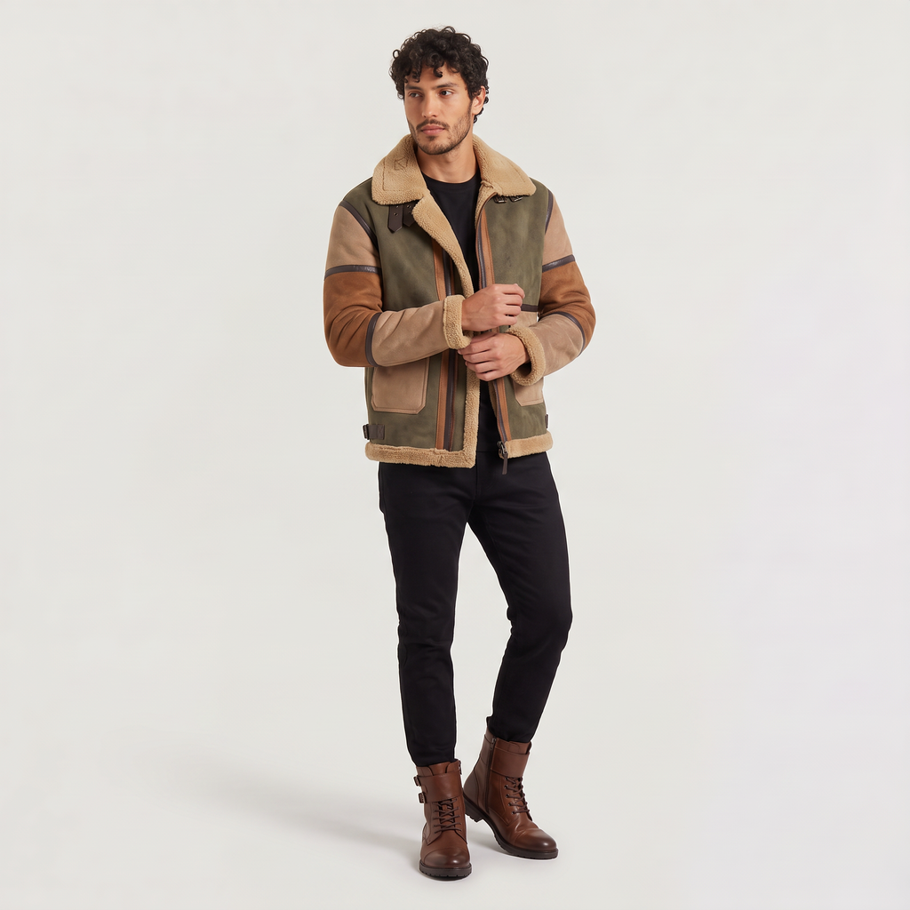Men’s Shearling-Lined Patchwork Aviator Jacket