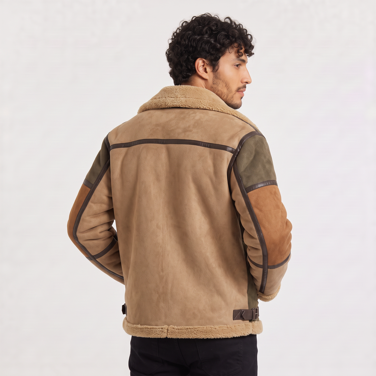 Men’s Shearling-Lined Patchwork Aviator Jacket