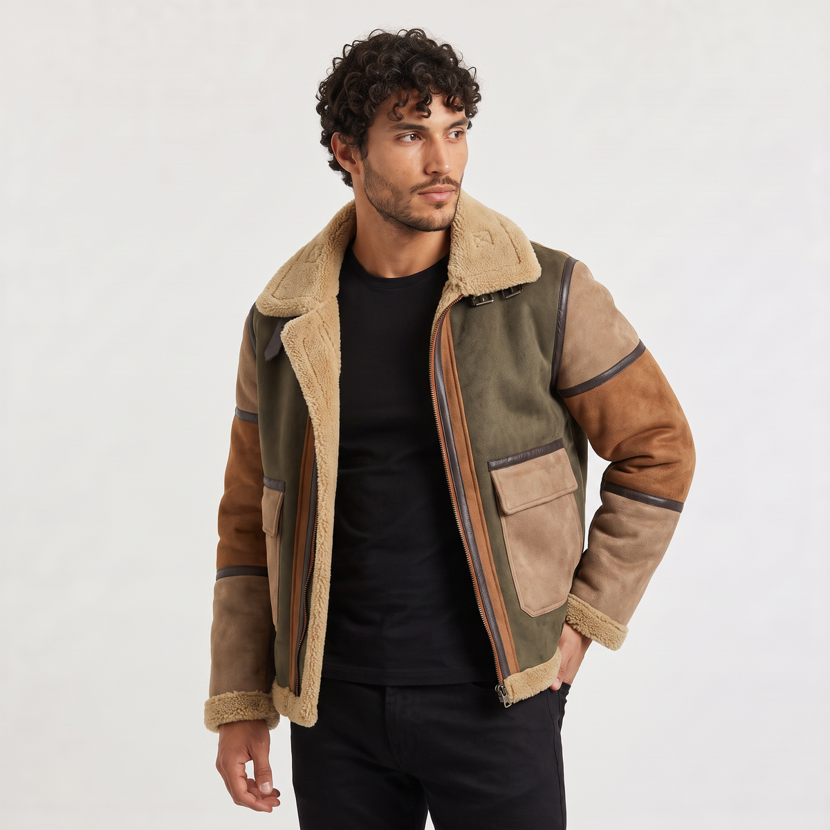 Men’s Shearling-Lined Patchwork Aviator Jacket