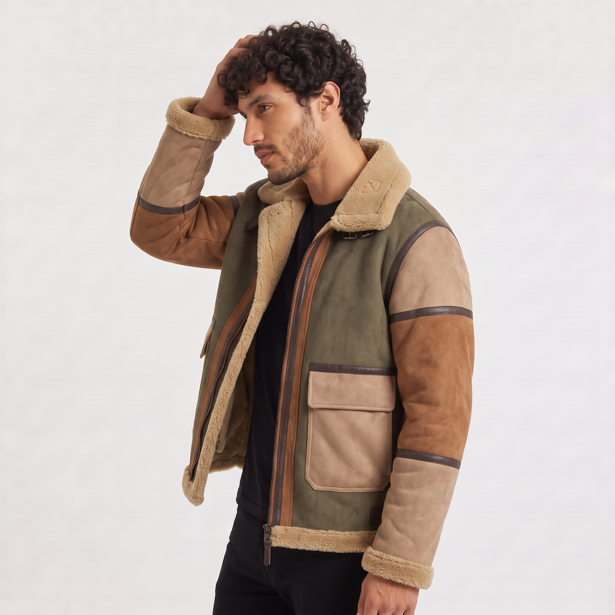 Men’s Shearling-Lined Patchwork Aviator Jacket