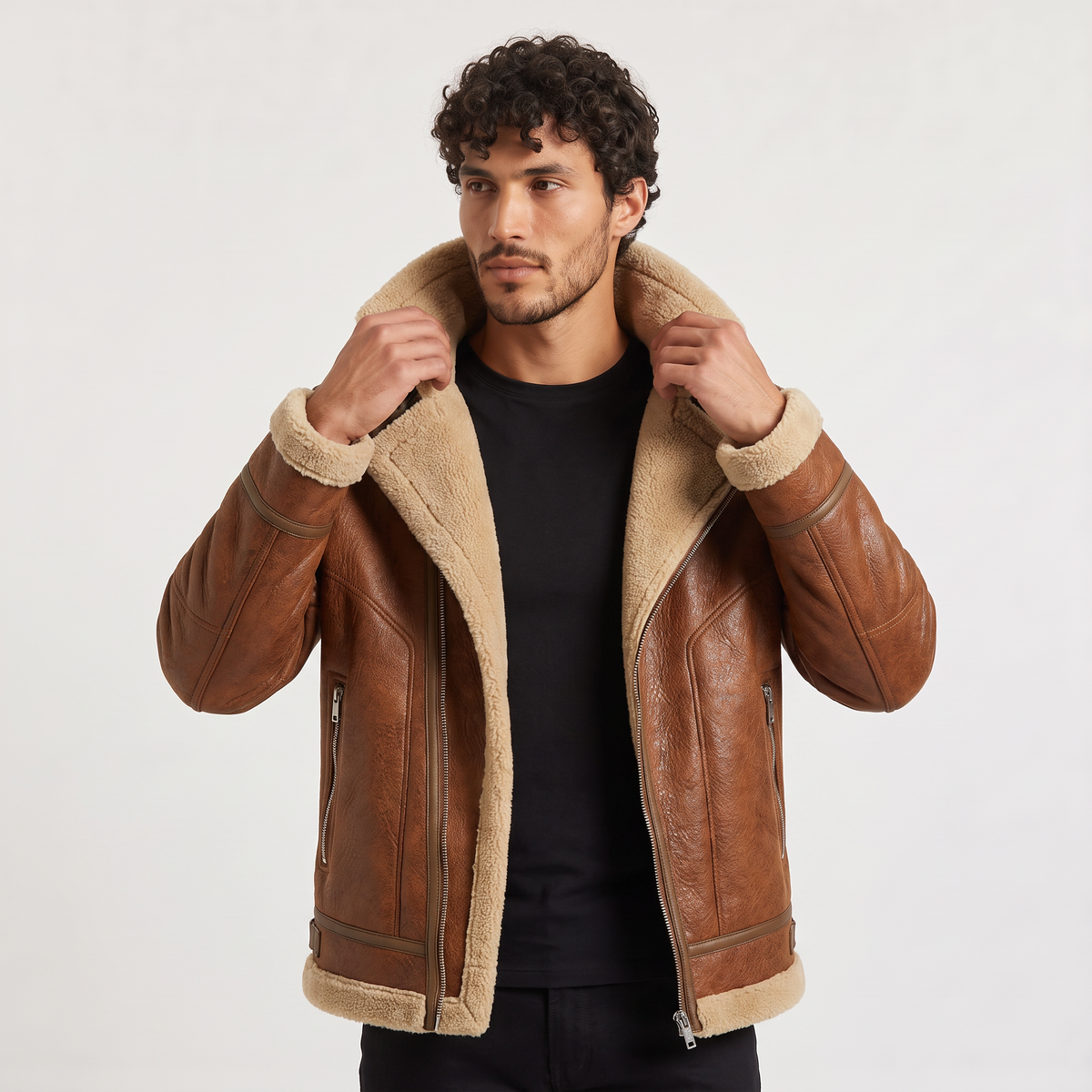 Men’s Faux Leather Shearling-Lined Aviator Jacket