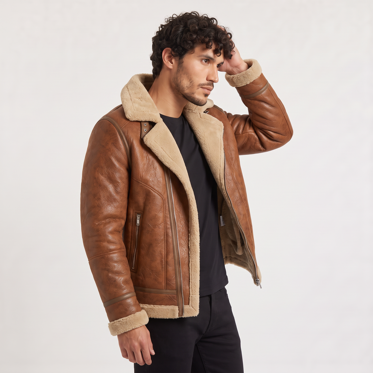 Men’s Faux Leather Shearling-Lined Aviator Jacket