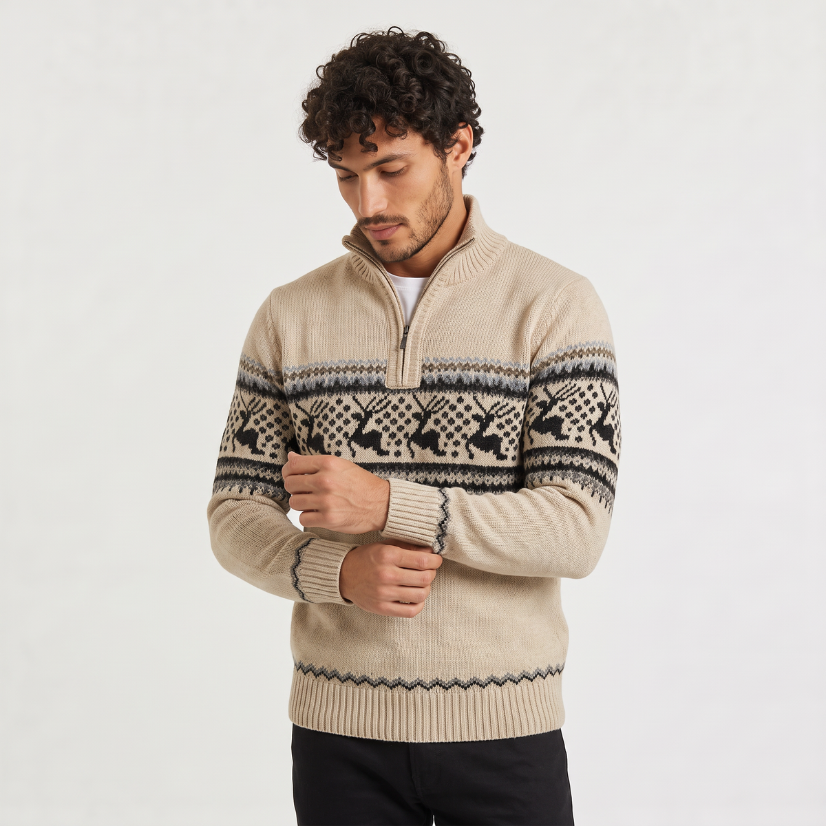 aaMen's Half-Zip Fair Isle Knit Jumper