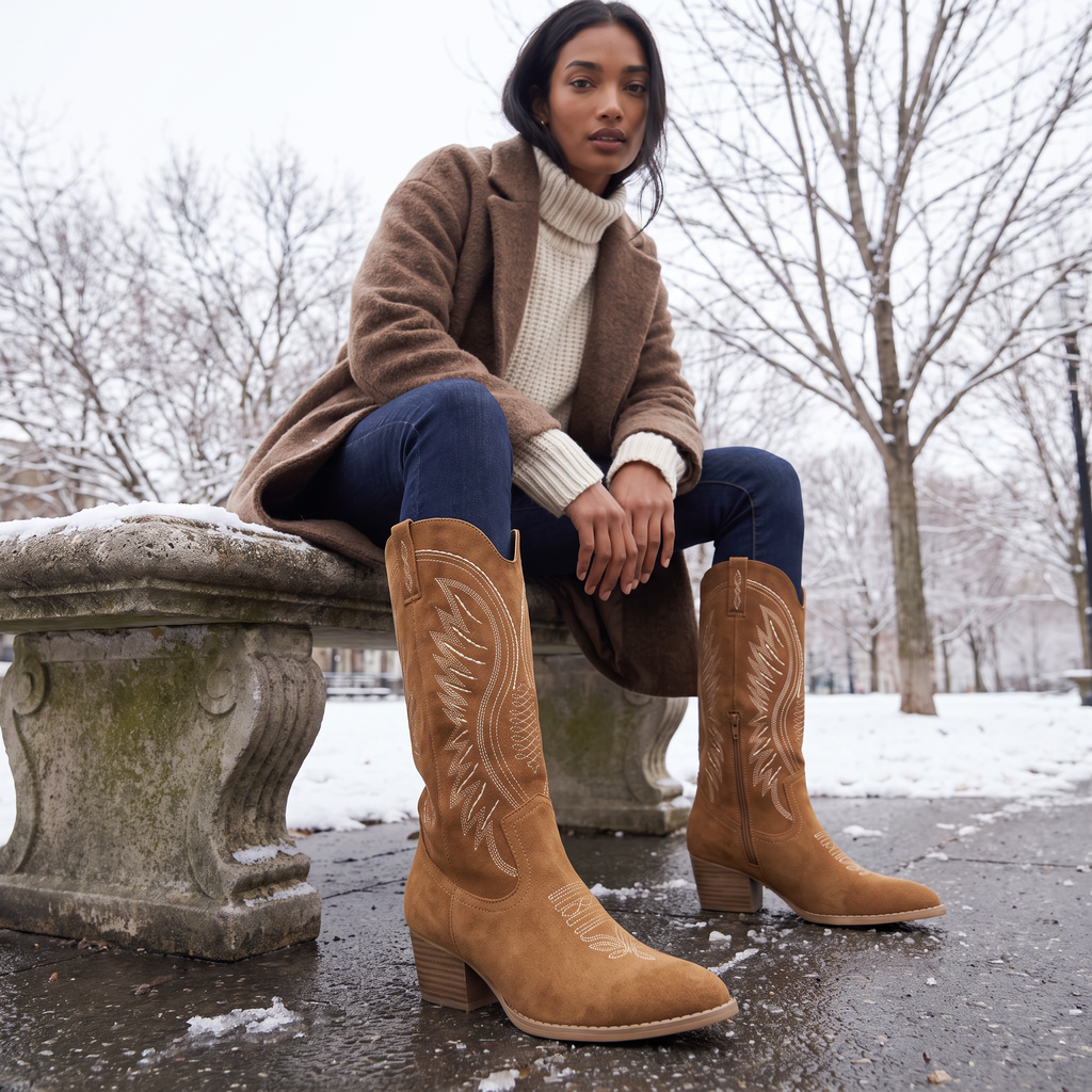 Women's Embroidered Suede-Look Cowboy Boots