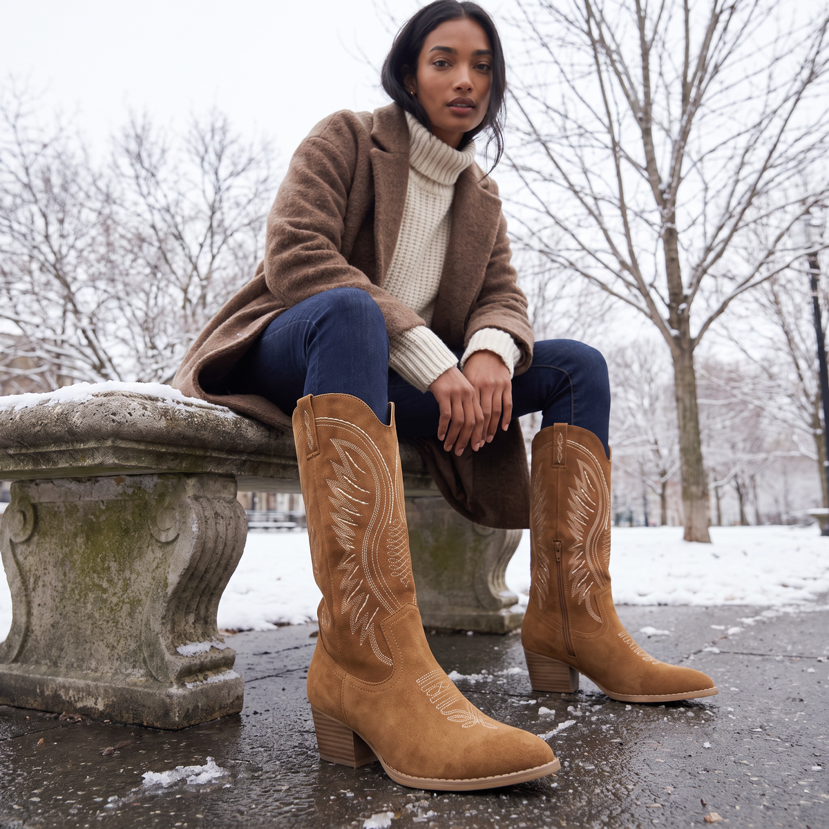 Women's Embroidered Suede-Look Cowboy Boots