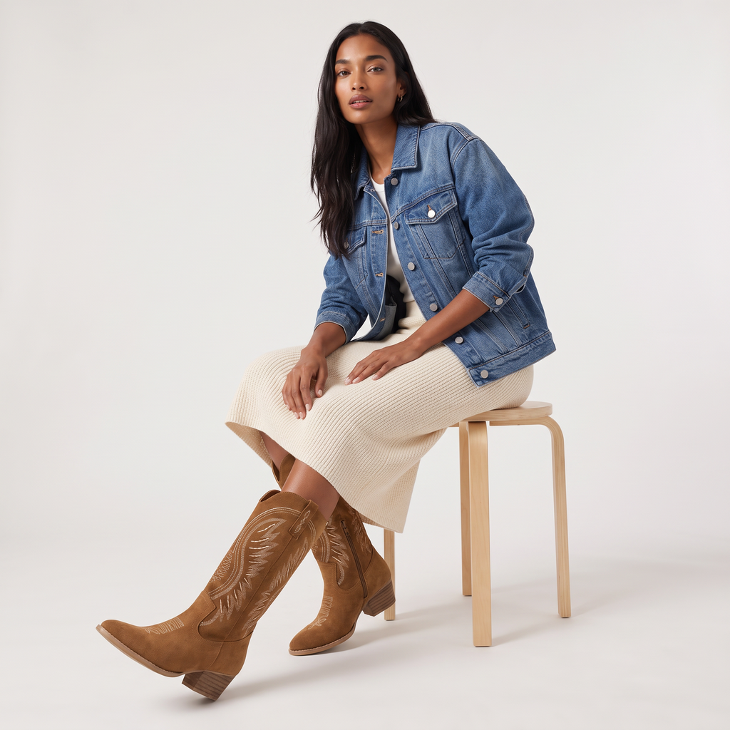 Women's Embroidered Suede-Look Cowboy Boots