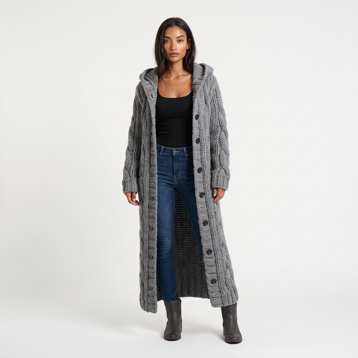 Women's Long Cable-Knit Hooded Cardigan