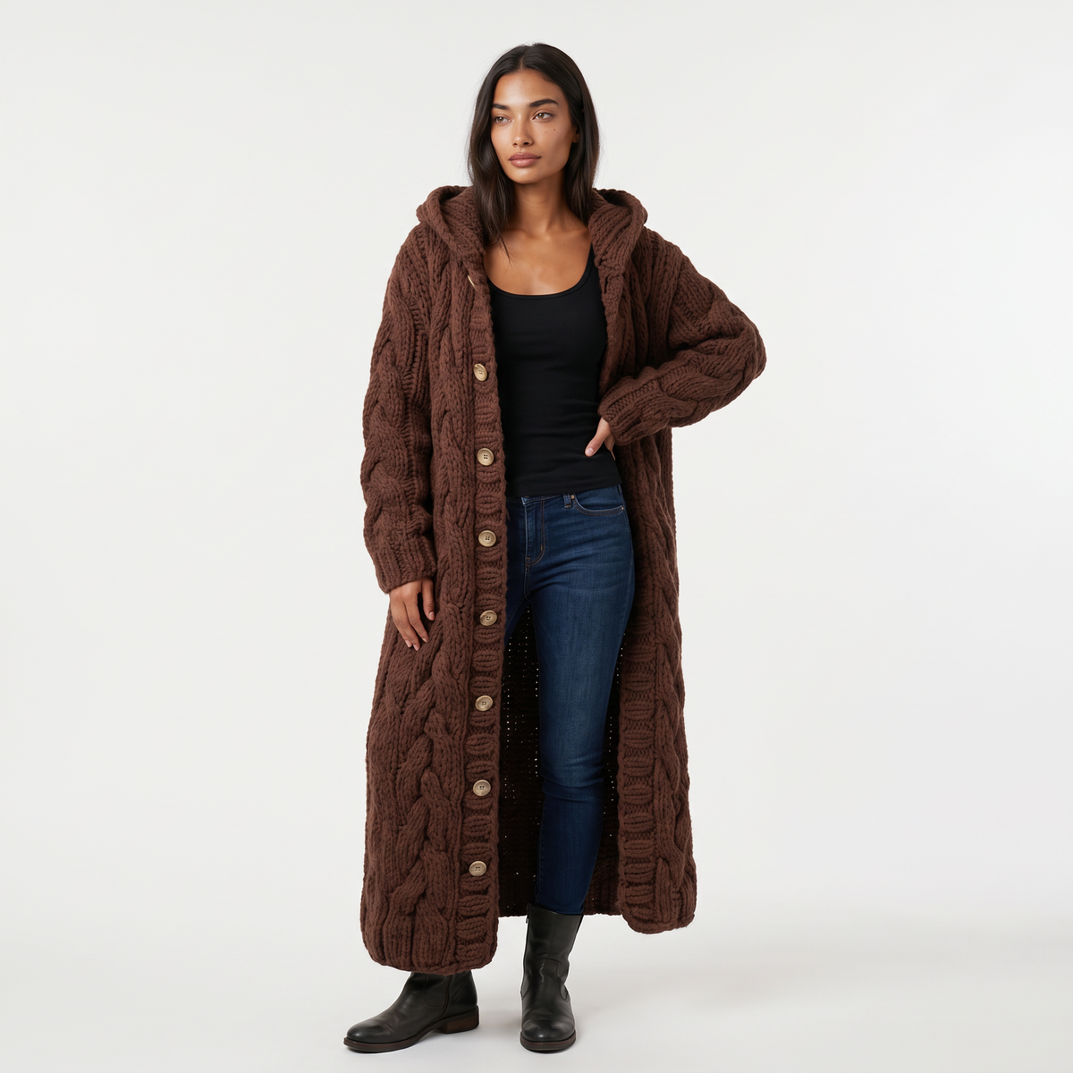 Women's Long Cable-Knit Hooded Cardigan