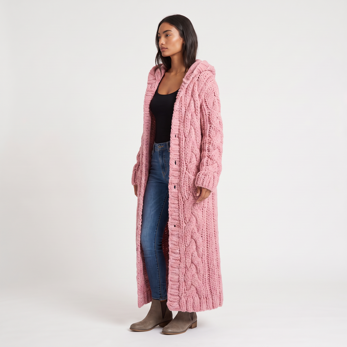 Women's Long Cable-Knit Hooded Cardigan